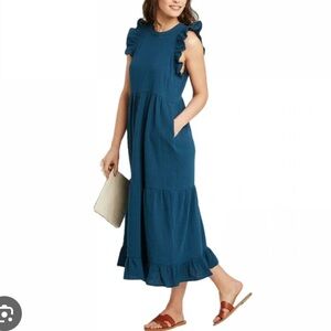 Elegant Teal Blue Maxi Dress with Pockets